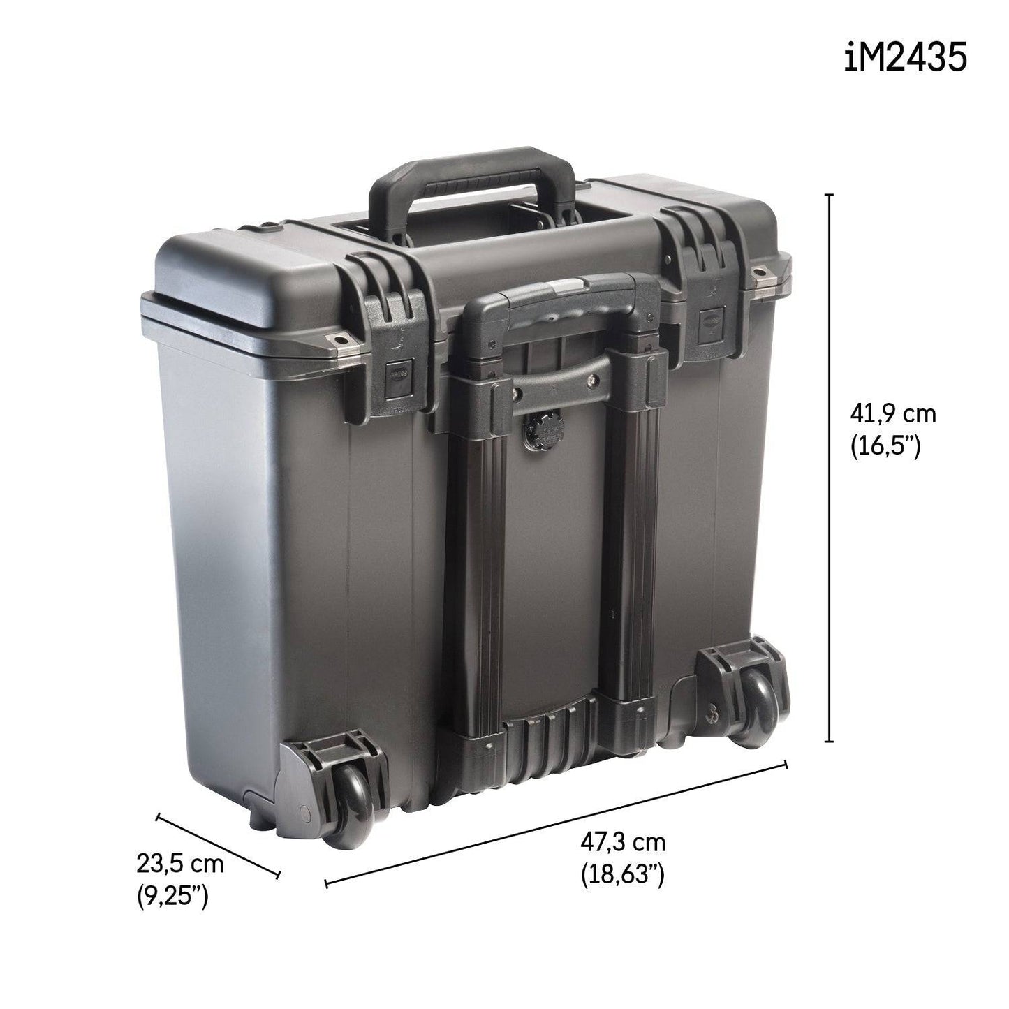 Black hard-shell iM2435 Storm Top Loader Case with handle, measuring 47.3 cm wide, 23.5 cm deep, and 41.9 cm tall, is shown in the upper right corner. This robust case is watertight and built for durability.