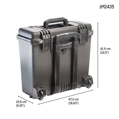 Black hard-shell iM2435 Storm Top Loader Case with handle, measuring 47.3 cm wide, 23.5 cm deep, and 41.9 cm tall, is shown in the upper right corner. This robust case is watertight and built for durability.