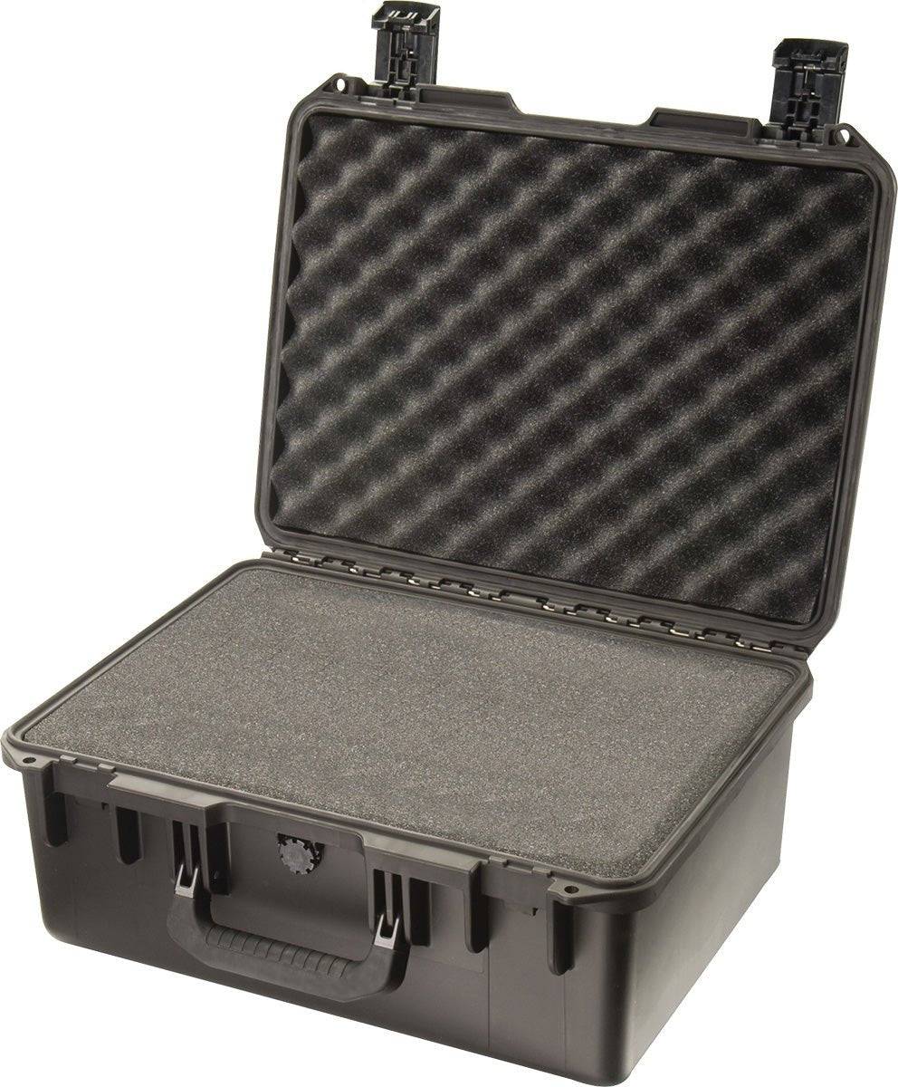 The iM2450 Storm Case is a hard plastic PELI case with an open lid, revealing foam padding inside for protective storage; this crushproof case safeguards your gear.
