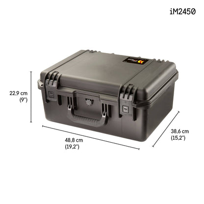 A black iM2450 Storm Case, a hard-shell, crushproof case with handle, measuring 22.9 cm (H) x 48.8 cm (W) x 38.6 cm (D).