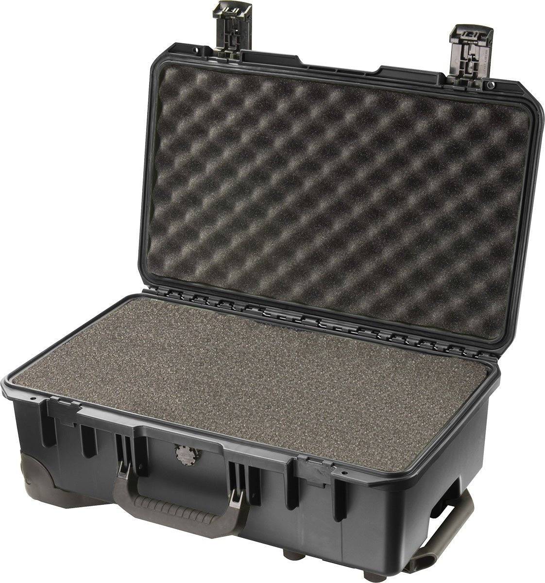The iM2500 Storm Carry-On Case is a hard-shell black protective case featuring an open lid, egg-crate foam padding inside, and a front handle; this rugged, crushproof case keeps your gear safe.