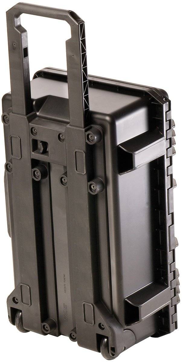 The iM2500 Storm Carry-On Case is a black hard-shell rolling case with a retractable handle and two wheels, designed to be crushproof and watertight for safely carrying and protecting equipment.