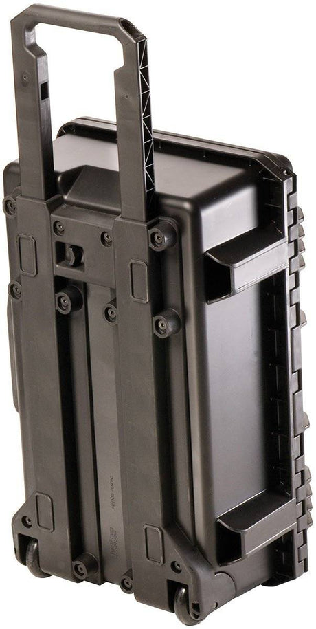 The iM2500 Storm Carry-On Case is a black hard-shell rolling case with a retractable handle and two wheels, designed to be crushproof and watertight for safely carrying and protecting equipment.