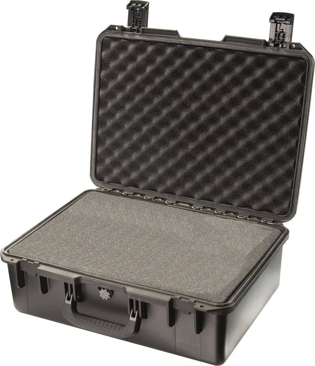 A black iM2600 Storm Case is open, showing foam padding in the lid and base. This crushproof case offers maximum security for delicate equipment.