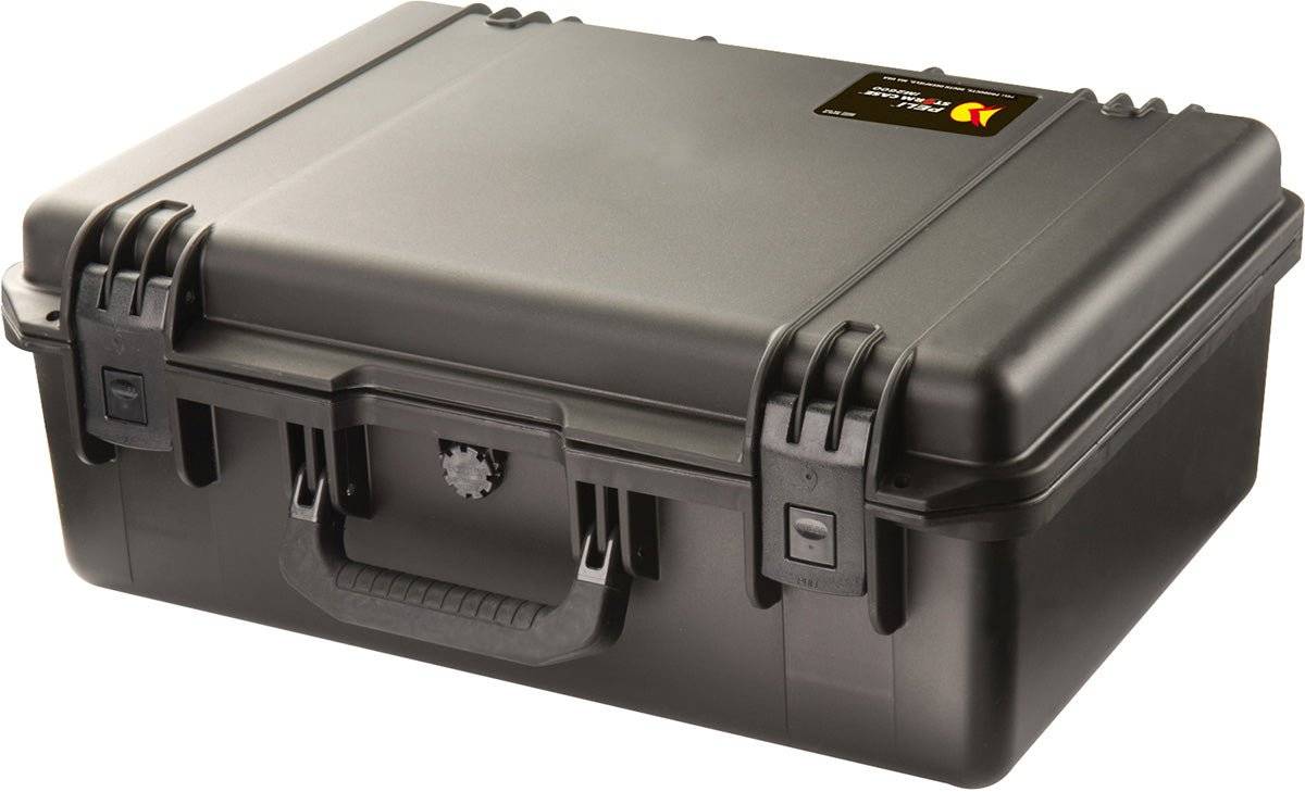 The iM2600 Storm Case is a closed black case with a handle, secure latches, and a small label on the top corner, providing crushproof and watertight protection for your valuables.