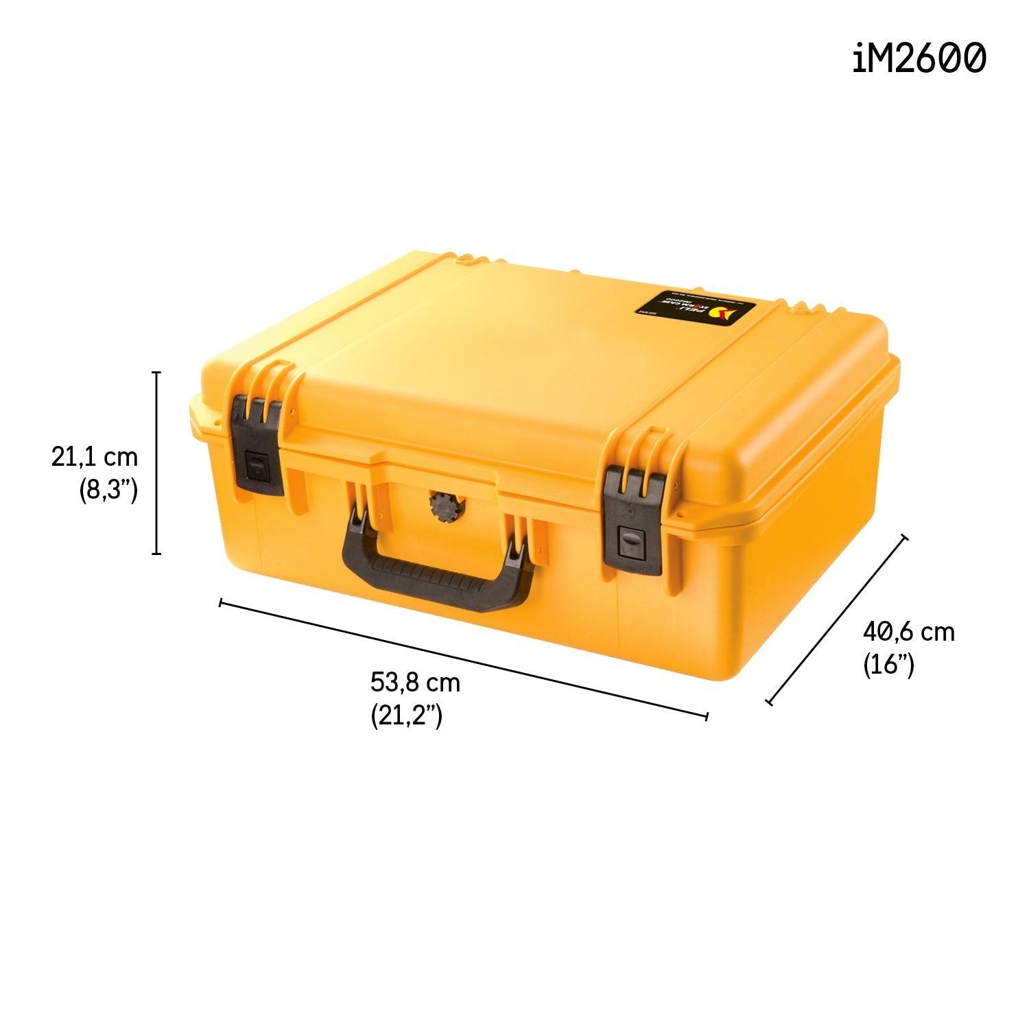 The iM2600 Storm Case is a yellow, crushproof case with black handle and latches, sized 53.8 x 40.6 x 21.1 cm (21.2 x 16 x 8.3 in), offering durable and reliable protection for your gear.