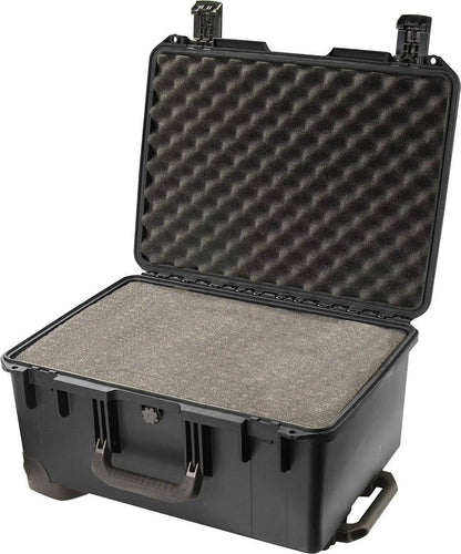 The black iM2620 Storm Travel Case features a hard shell with an open lid, displaying interior foam padding that cushions and provides crushproof protection for your items.