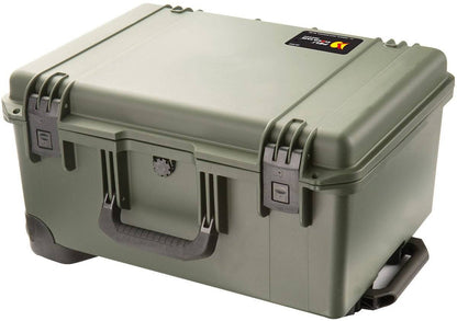 The iM2620 Storm Travel Case is a sturdy, olive green case with secure latches, a handle, and a small lid label—crushproof to protect your gear.