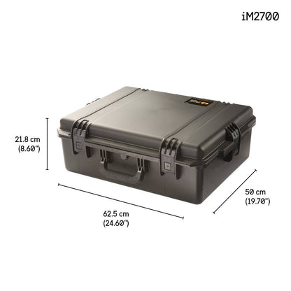 Black hard-shell iM2700 Storm Case with handle, shown with dimensions: 21.8 cm height, 62.5 cm width, and 50 cm depth. Crushproof case; model name displayed in the top right corner.