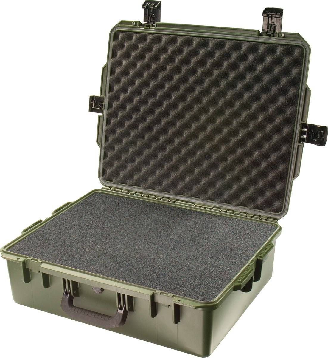 An open green hard plastic iM2700 Storm Case with foam padding on the lid and base, designed to be crushproof for protecting and transporting items.
