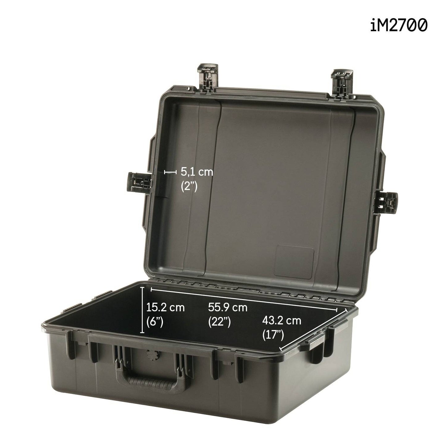 Open black iM2700 Storm Case labeled with internal dimensions: 5.1 cm (height), 15.2 cm, 55.9 cm, and 43.2 cm. This crushproof case has secure latches and a sturdy handle.