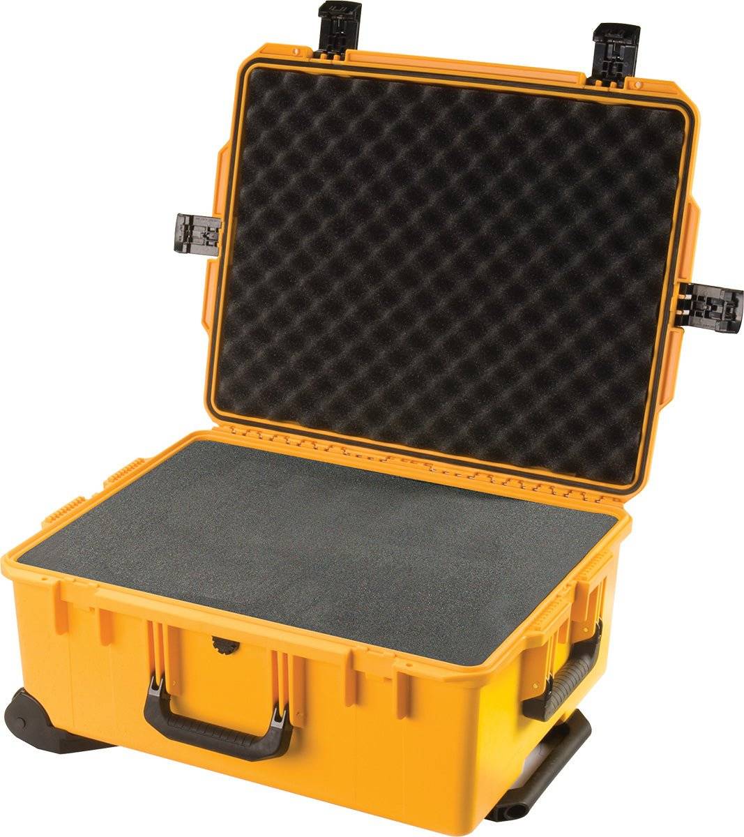 A yellow iM2720 Storm Travel Case with black custom CNC foam fittings, shown open and empty, features sturdy lid latches, a Press and Pull latch, and a front handle.