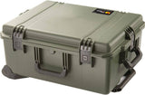 The iM2720 Storm Travel Case, shown in green with custom CNC foam, has a side handle, black wheeled base, and secure Press and Pull latches, all displayed on a white background.