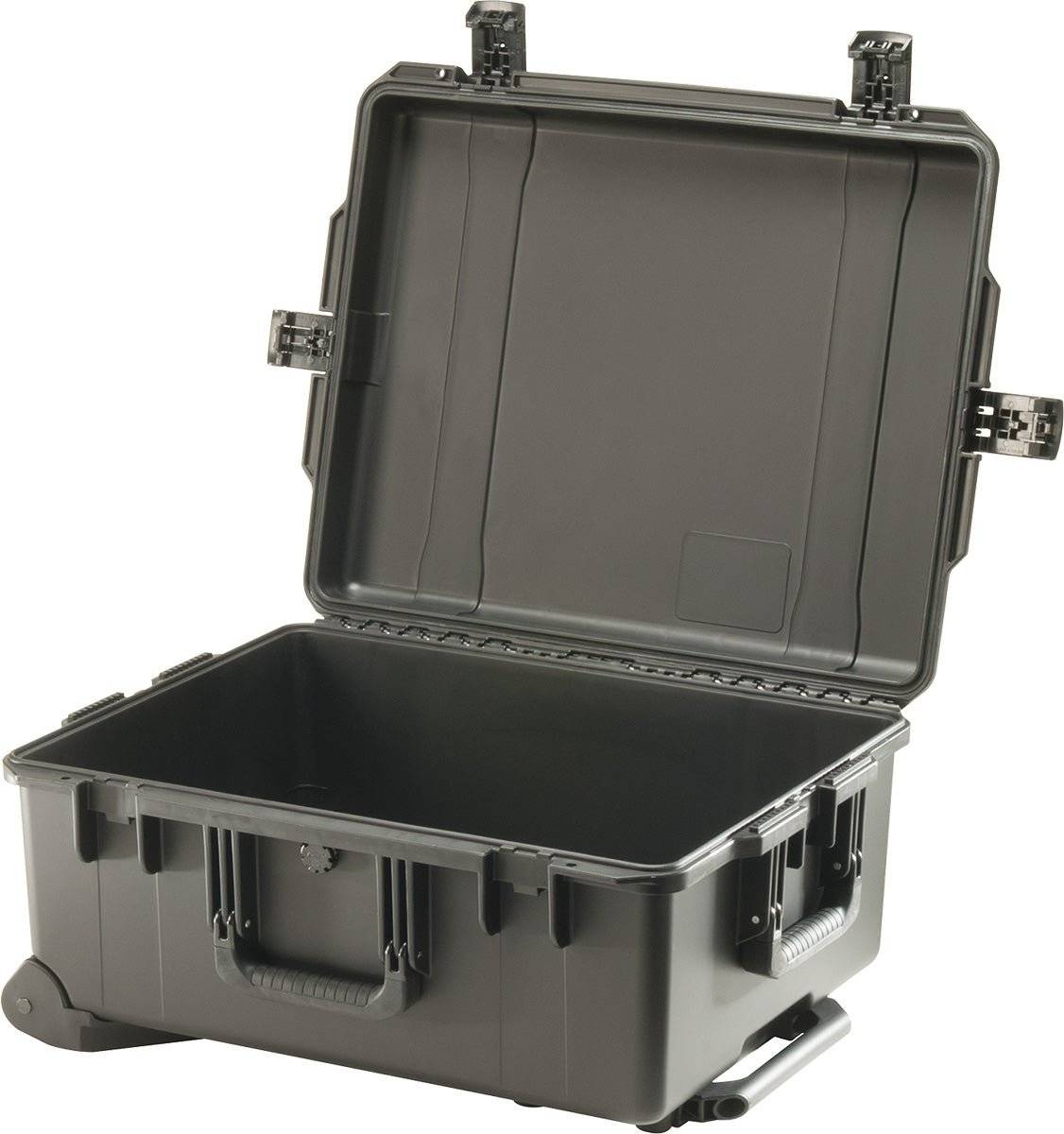 A large, black iM2720 Storm Travel Case with an open lid, custom CNC foam inserts for secure storage, Press and Pull latches, a front handle, and wheels at one end.