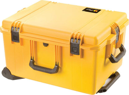 The iM2750 Storm Travel Case is a sturdy yellow PELI case with black latches, handle, wheels, and custom foam, designed for safe equipment transport and storage.