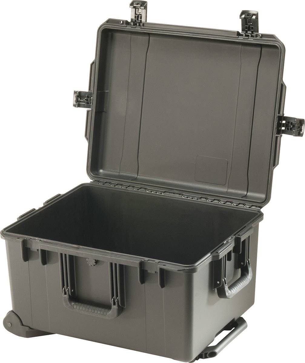 The iM2750 Storm Travel Case is a large, black protective case with an open lid, latches, handles, and wheels, shown empty and ready for custom foam fittings.