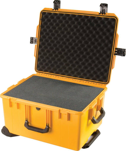 An open yellow iM2750 Storm Travel Case displays custom foam fittings inside for cushioning and secure storage.