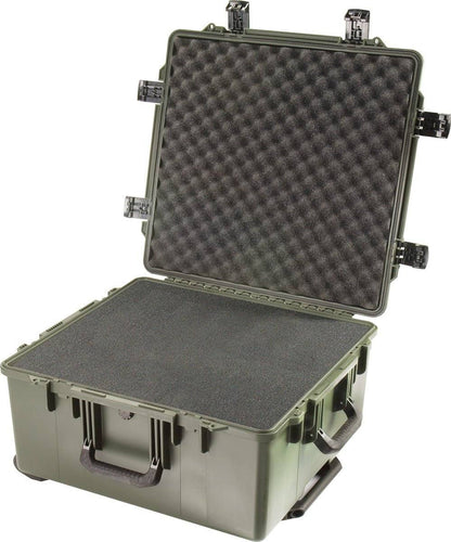 The iM2875 Storm Travel Case is shown with its lid open, revealing egg-crate foam padding inside and secure Press and Pull latches on the sides for reliable protection.