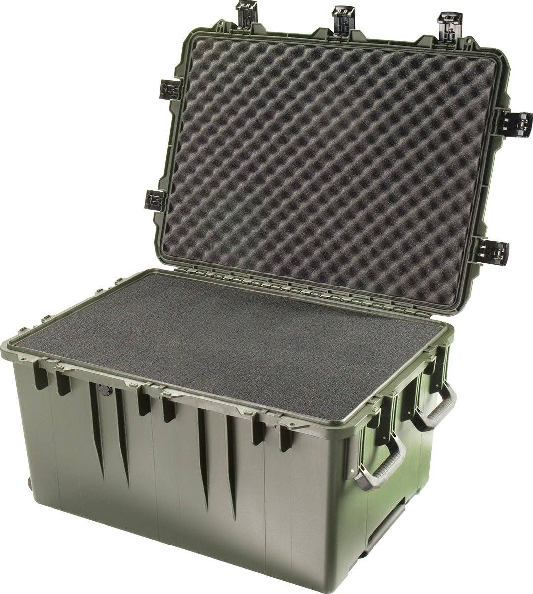 The iM3075 Storm Transport Case, a large green hard plastic case, is shown open with custom CNC foam, a textured lid, Press and Pull latch, and side handles.