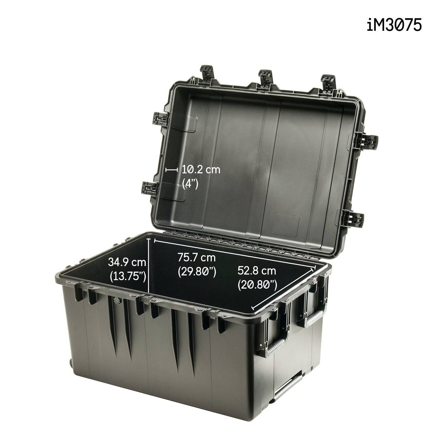 The black iM3075 Storm Transport Case features an open lid, Press and Pull latches, and interior dimensions of 10.2 cm (height) x 34.9 cm x 75.7 cm x 52.8 cm—ideal for custom CNC foam fittings.