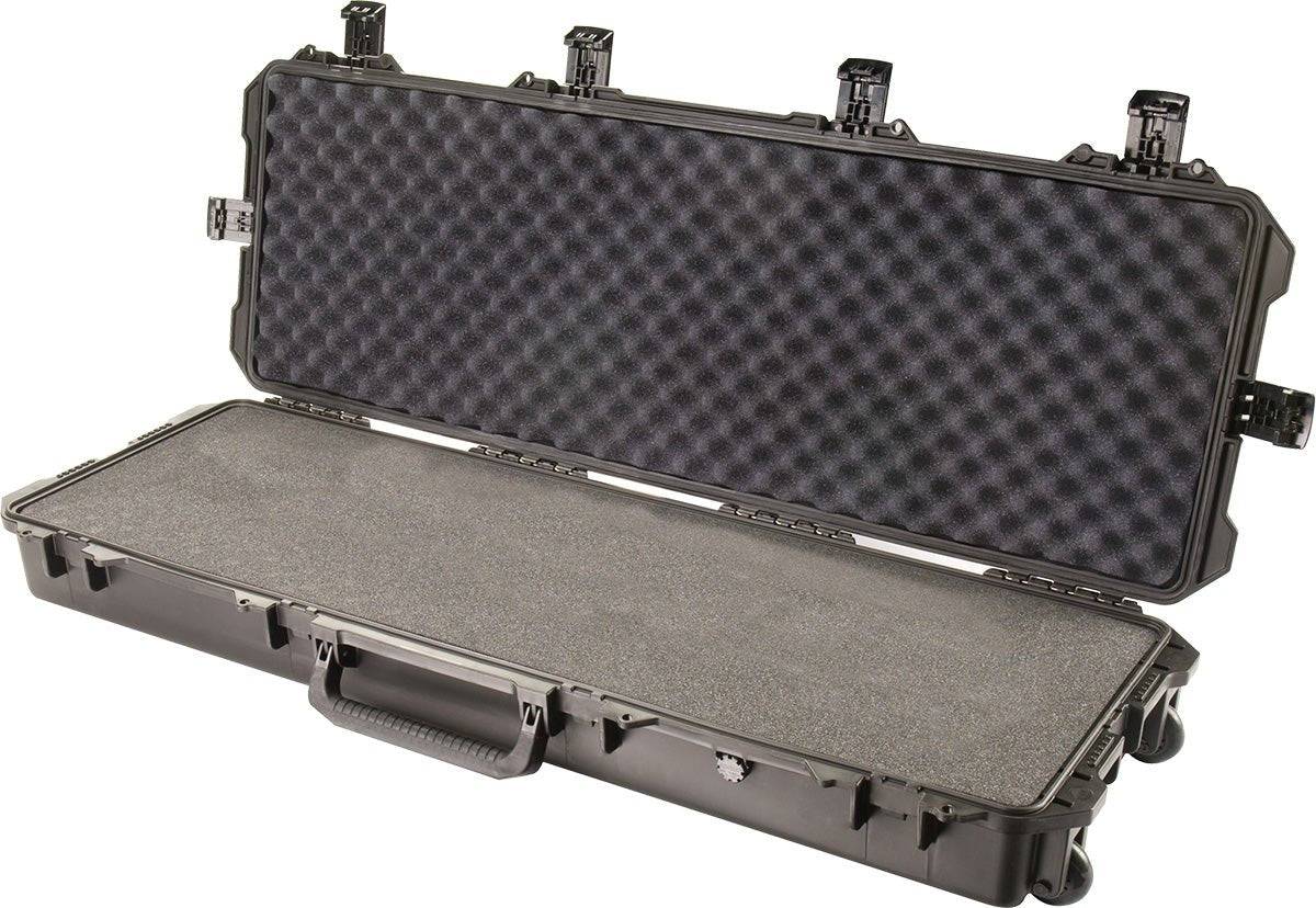 The iM3200 Storm Long Case is a large, hard-shell black case made from HPX Resin with foam padding and four Press and Pull latches, shown open on a white background.