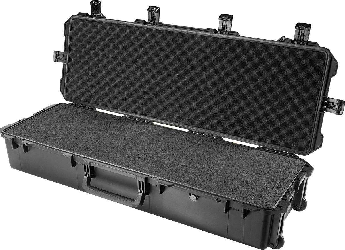 The iM3220 Storm Long Case is a black PELI case with a handle, egg-crate foam in the lid, custom CNC foam interior, and a secure Press and Pull latch to keep your gear protected and organized.