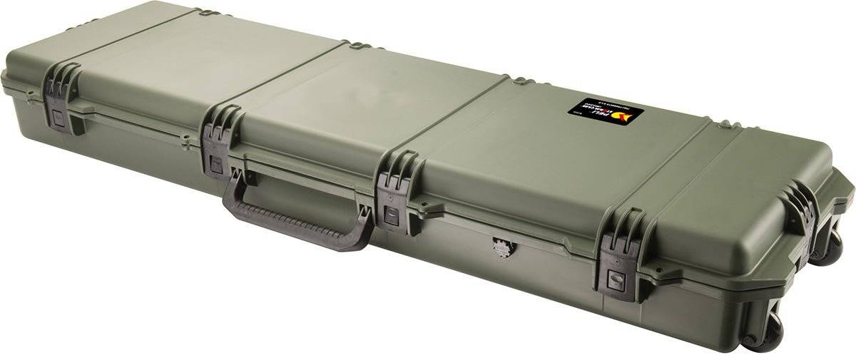 The iM3300 Storm Long Case, a large green case made from durable HPX Resin with wheels, a handle, and secure Press & Pull latches, is shown on a white background.