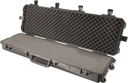 The iM3300 Storm Long Case is a hard-shell black PELI case with foam interior, shown open and empty, ideal for securely transporting long items like equipment or instruments. It features a reliable Press and Pull latch.