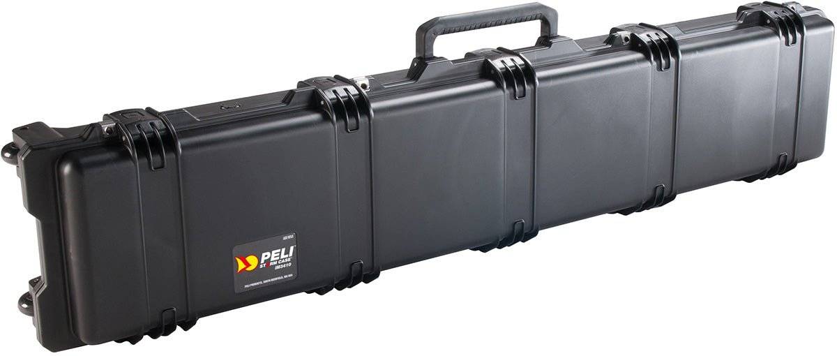 The iM3410 Storm Long Case is a long black hard-shell case made from durable HPX Resin, featuring a handle and a Press and Pull latch for secure transport and protection of sensitive equipment.
