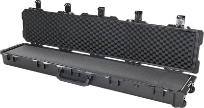 An open iM3410 Storm Long Case in black, made with HPX Resin, displays foam padding, sturdy Press and Pull latches on the lid, and a front handle.