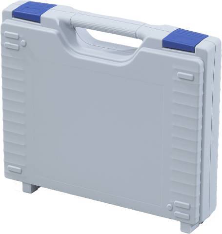 The Jazz 5002 is a closed, light gray plastic carrying case with a handle and blue latches, featuring a modern design and standing upright on a white background.