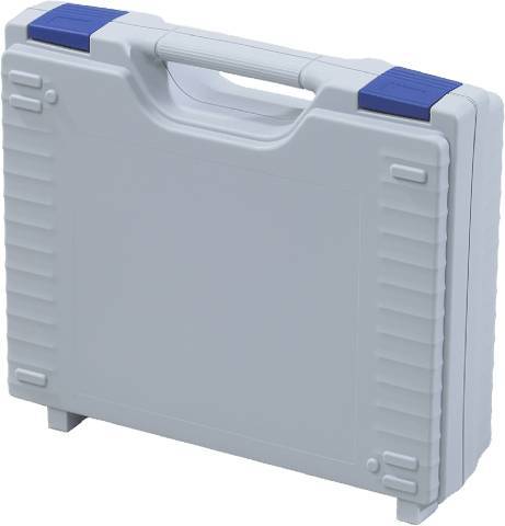 The Jazz 5003 is a closed, light gray plastic protective case with a modern design. It stands upright on a white background and features a handle and two blue latches on top.