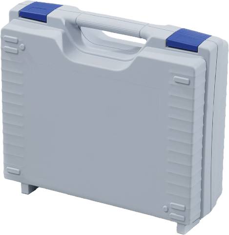 The Jazz 5004 is a closed gray plastic carrying case with a handle and two blue latches, shown upright and featuring a modern, durable design.