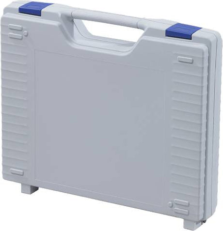The Jazz 5005 is a closed, light gray plastic storage case with a handle, two blue latches, and internal foam inserts, standing upright on a white background.