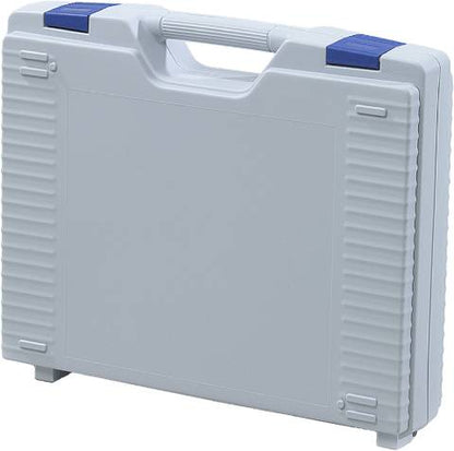 The Jazz 5011 is a closed, light gray plastic protective case with a modern design, handle, two blue top latches, and interior foam inserts, shown standing upright on a white background.