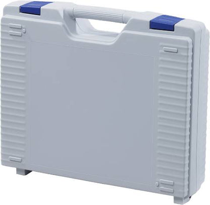 The Jazz 5012 is a closed, light gray hard plastic protective case featuring a handle, two blue latches on top, and a modern design.
