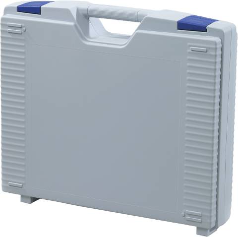 The Jazz 5017 is a closed, light gray hard plastic case with a handle and two blue latches, shown standing upright, offering modern design and secure storage.