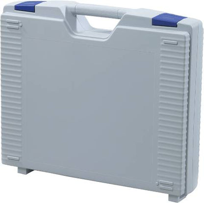 The Jazz 5017 is a closed, light gray hard plastic case with a handle and two blue latches, shown standing upright, offering modern design and secure storage.