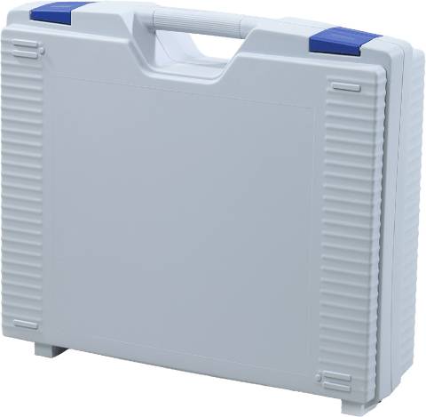 The Jazz 5018 is a closed hard plastic protective case with a handle, blue top-corner latches, ribbed edge texture, and foam inserts for extra protection.