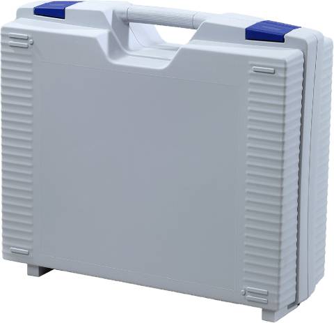 The Jazz 5019 is a closed, light gray hard plastic storage case with a modern design, a handle, and two blue latches at the top, shown standing upright on a white background.