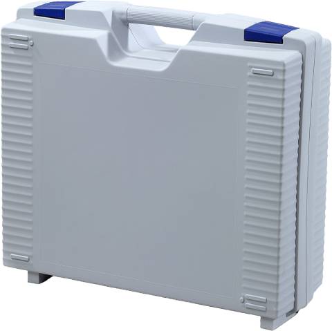 The Jazz 5034 is a closed, light gray hard plastic protective case with a modern design, featuring a handle and two blue latches on top, shown upright against a white background.