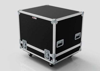 The Large Engine Case, finished in black and silver with metal corners, handles, latches, and four wheels, has internal dimensions of 860 x 710 x 710 mm—ideal for secure equipment transport.