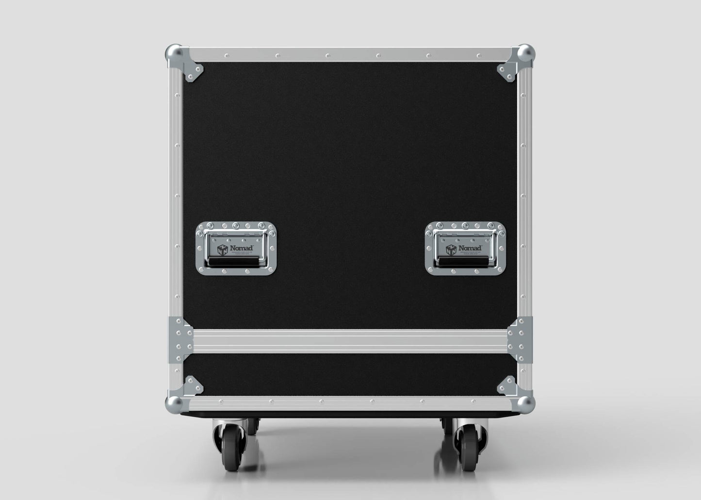 The Large Engine Case is a black rectangular storage case with metal reinforcements, two handles, and wheels. Its internal dimensions are 860 x 710 x 710 mm, ideal for safely transporting gear against a plain light background.