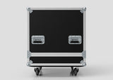 The Large Engine Case is a black rectangular storage case with metal reinforcements, two handles, and wheels. Its internal dimensions are 860 x 710 x 710 mm, ideal for safely transporting gear against a plain light background.