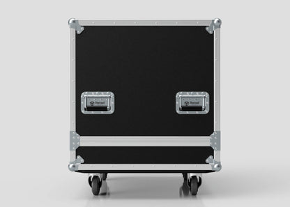 The Large Engine Case is a black rectangular storage case with metal reinforcements, two handles, and wheels. Its internal dimensions are 860 x 710 x 710 mm, ideal for safely transporting gear against a plain light background.