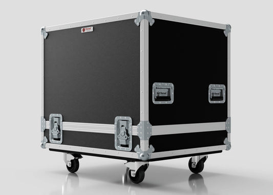 The Large Engine Case is a black flight case with metal edges, side handles, and four caster wheels. Its internal dimensions are 860 x 710 x 710 mm, and it is shown against a plain light background.