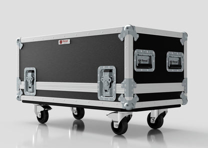 The Medium Gearbox Case, in black and silver with metal edges and handles, features wheels for easy transport. Photographed on a plain light background, it offers spacious internal dimensions of 940 x 450 x 400 mm for your equipment.