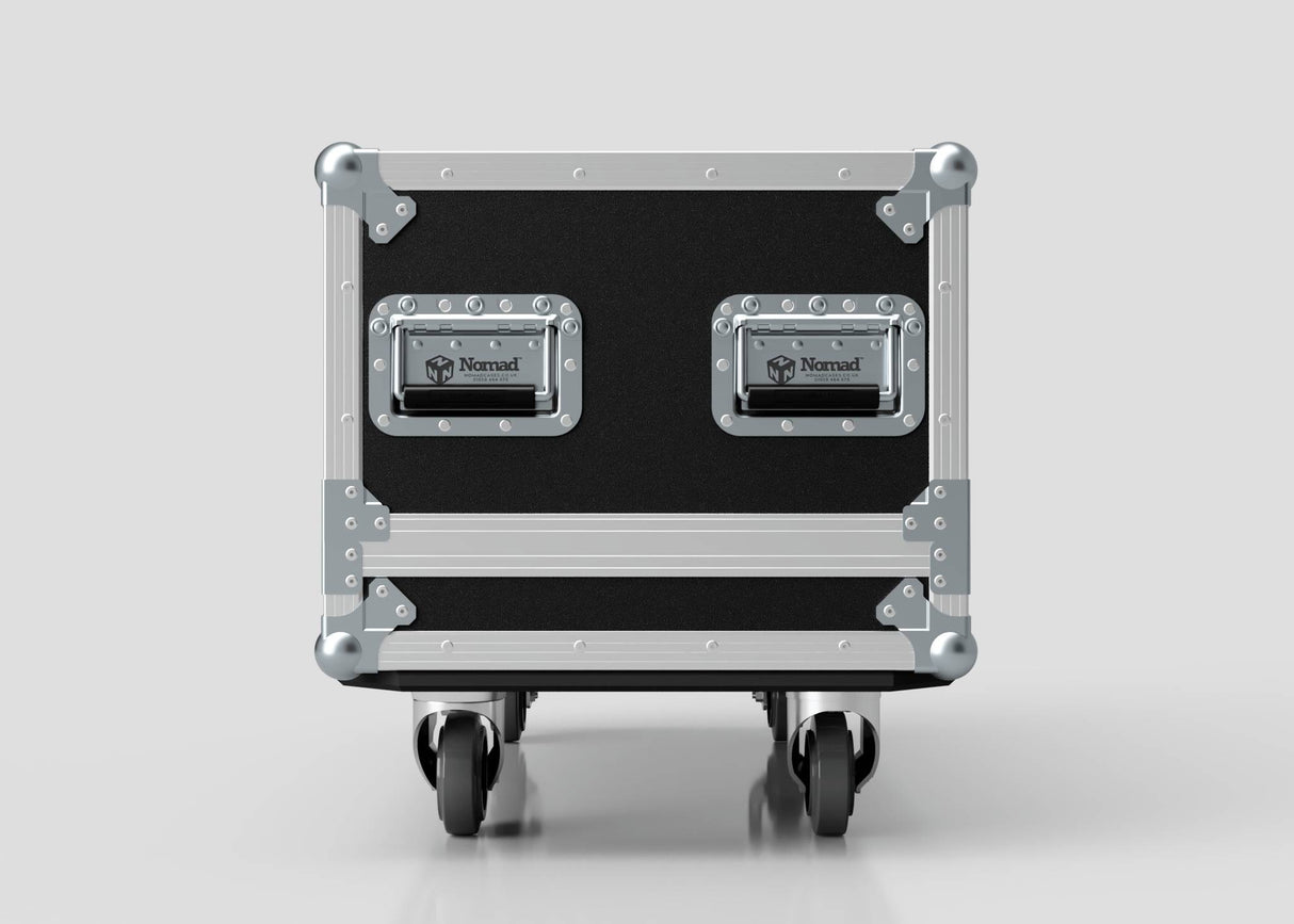 A Motorsport Gearbox Flight Case | 940 x 450 x 400 mm (Internal), shown in black and silver with metal reinforcements and two handles, is displayed against a plain light background.