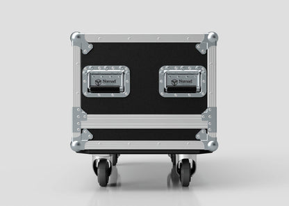 The Medium Gearbox Case is a black and silver rolling equipment case with metal reinforcements, two handles, and ample storage space—internal dimensions are 940 x 450 x 400 mm—shown against a plain background.