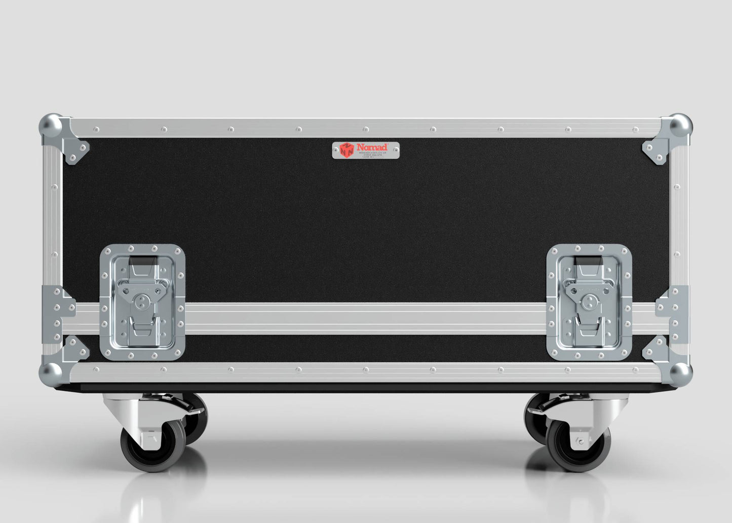 The Medium Gearbox Case is a black and silver rolling equipment case with metal reinforcements and two latches. It serves as a sturdy storage box, featuring internal dimensions of 940 x 450 x 400 mm, shown against a plain light background.